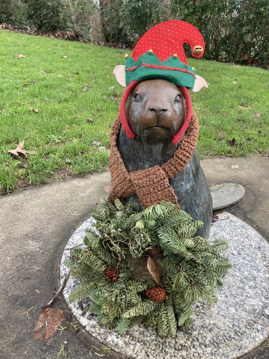 A bronze life-size statue of a beaver, which has been decorated with an elf hat, scarf, and Christmas wreath