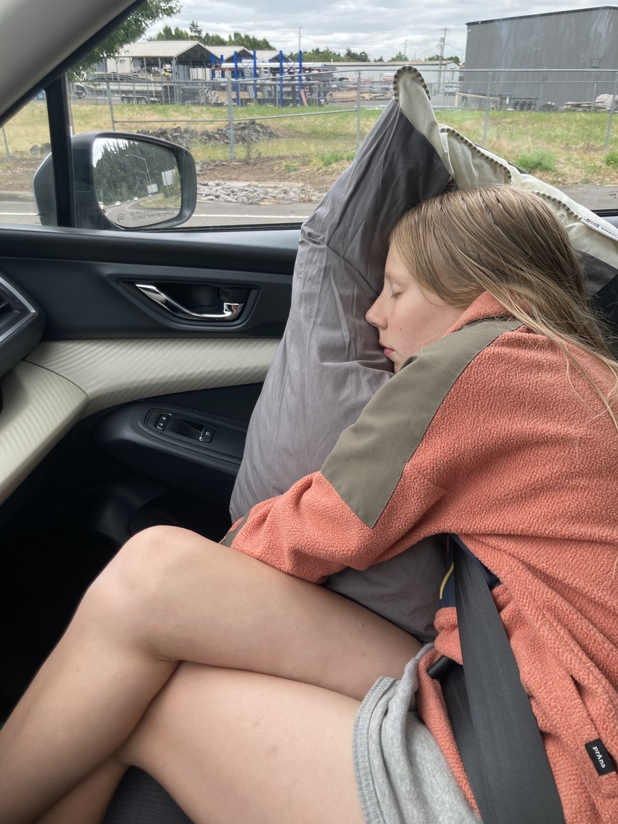 Ada asleep in the car on the way to Bend, June 2025 Ada asleep in the car on the way to Bend, June 2025
