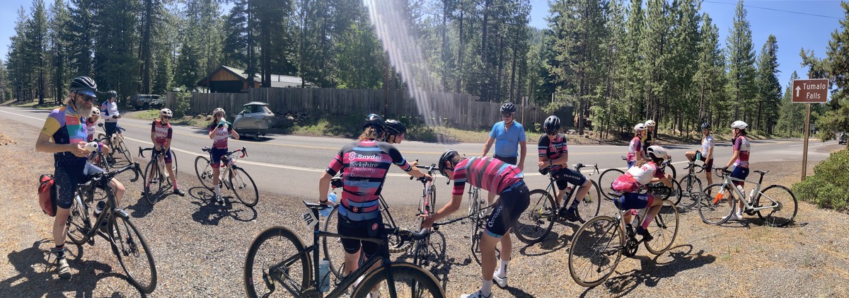 Pano of riders with VALKYR and EPYC at the top of Skyliners, at the Tumalo Falls sign Pano of riders with VALKYR and EPYC at the top of Skyliners, at the Tumalo Falls sign, taking a break, drinking water